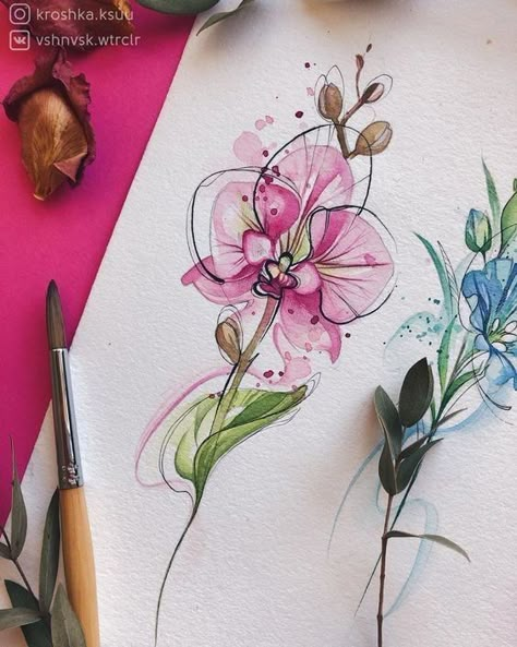 Orchid Drawing, Orchid Tattoo, Artwork Watercolor, Family Tattoo, Tatuaje A Color, Desenho Tattoo, Best Tattoo Designs, Watercolor Art Lessons, Art Tattoos