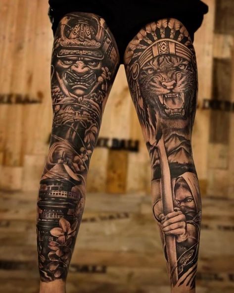 Dark Sleeve, Calf Tattoo Men, Japanese Leg Tattoo, Back Of Leg Tattoos, Tattoo Homme, Best Leg Tattoos, Shin Tattoo, Animal Sleeve Tattoo, Full Leg Tattoos