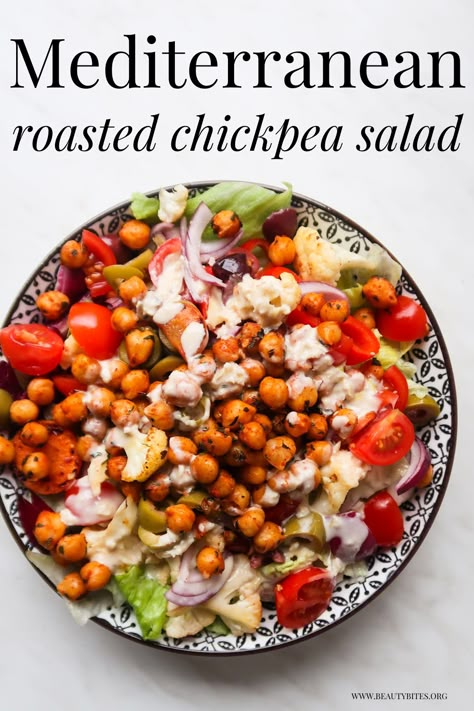 Mediterranean Roasted Chickpea Salad - Beauty Bites Roasted Chickpea Fall Salad, Large Glutes, Cholesterol Friendly Recipes, Roasted Chickpea Salad, Cholesterol Meals, Mediterranean Salad Recipe, Roasted Chickpea, Beauty Bites, Lowering Cholesterol