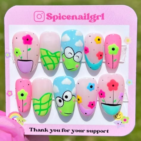 #sanrio #sanriocharacters #sanriocore #keroppi #frog #nails keroppi frog flower Cute Frog Nail Art, Frog Nails Designs, Keroppi Nails, Frog Nail Art, Sanrio Nail Art, Landscape Nails, Navidad Nails, Frog Nails, Fun Manicure