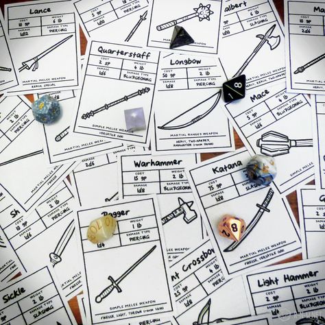 Handy Quick-Reference Weapon Cards! Since posting about our Equipment Packs at the end of last year, we’ve been busy making a... Dnd Diy, Dnd Character Sheet, Pen And Paper Games, Dnd Crafts, Game Card Design, Nerd Crafts, Fantasy World Map, Dungeon Master's Guide, D D Items