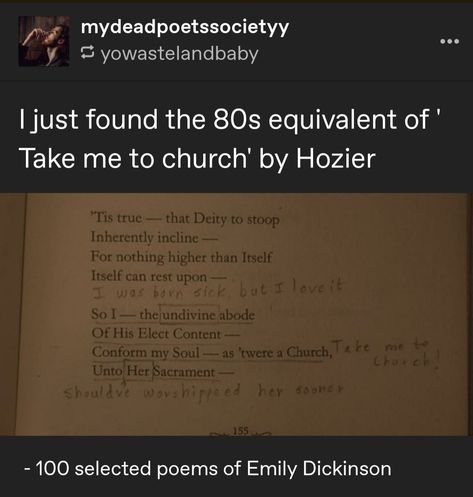 #hozier #emily dickinson #take me to church Hozier Tumblr, Hozier Vibes, Hozier Lyrics Aesthetic, Hozier Funny, Hozier Quotes, Hozier Aesthetic, Bog Man, Take Me To Church, Hozier