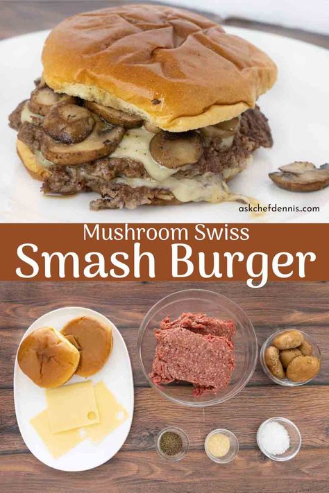 Mushroom Smash Burger, Easy Smash Burger Recipe, Smash Burger Recipe Skillet, Mushrooms Burger, Mushroom And Swiss Burger, Blackstone Bbq, Hummingbird Cake Recipe, Mushroom Burger Recipe, Blackstone Cooking