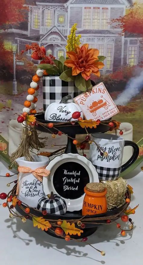 30+ Dollar Store Thanksgiving Decorations on a Budget - HubPages Fall Wood Tray Decor, Fall Tried Tray, Fall 2 Tiered Tray Decor Ideas, Fall Teir Tray Ideas, Fall Teir Trays Decor Diy, Fall Tiered Tray Decor Ideas Diy, August Decorating Ideas, Fall Tray Decorating Ideas, Fall Tiered Tray Decor Ideas