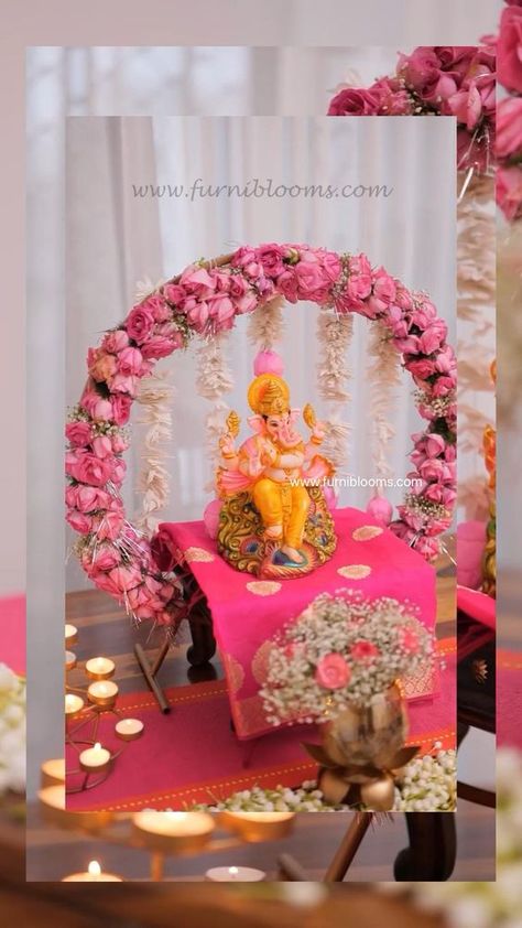 Ganesh Decor Ideas At Home, At Home Ganpati Decoration, Ganpati Pooja Decoration At Home, Ganesh Idol Decoration At Home, Pink Ganpati Decoration, Temple Decoration For Ganpati, Ganesh Mandir Decoration, Janamashtmi Decoration Ideas For Mandir, Diwali Temple Decoration