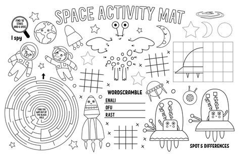 Vector space placemat for kids. Fairytale printable activity mat with maze, tic tac toe charts, connect the dots, find difference. Black and white play mat or coloring page Printable Placemat, Activity Placemat, Placemats Kids, Space Activities, Activity Mat, Easel Activities, Connect The Dots, Digital Classroom, Digital Activities