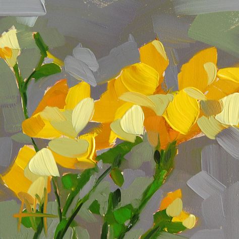 Yellow Art Painting, Yellow Flower Painting, Yellow Paintings, Abstract Flower Painting Acrylic, Yellow Freesia, Yellow Flowers Painting, Angela Moulton, Abstract Floral Art, Floral Oil Paintings