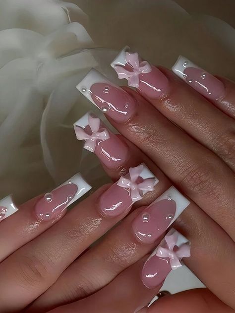 24pcs Medium-Long French False Nails, White & Pink Pearl Beaded, Bowknot Decor, Square & Coffin Shaped Nails + 1pc Jelly Glue + 1pc Nail File | SHEIN USA Simple Nail Designs French Tip Square, Pink Nails W Pearls, Medium Nails Acrylic French Tip, Nails Ideas Square Medium, Square Pink And White Nails, Nail Ideas Square Long, Nail Ideas Medium Square, White Nail Designs Square, Square Pink French Tip Nails