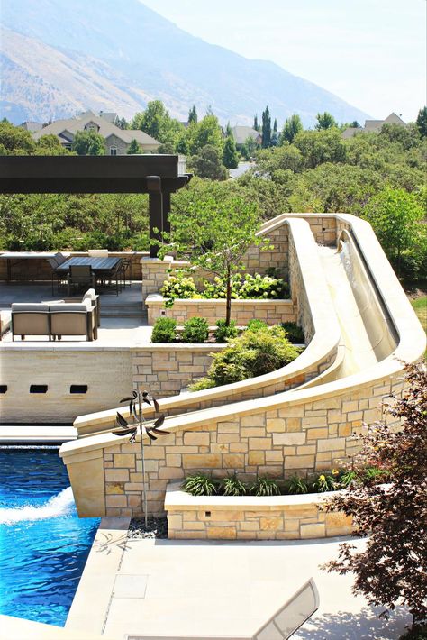 Pool With Slide, Fire Pit Seating Area, Dream Backyard Pool, Modern Pergola, Fire Pit Seating, Pool Waterfall, Wooden Pergola, Backyard Pergola, Modern Pools