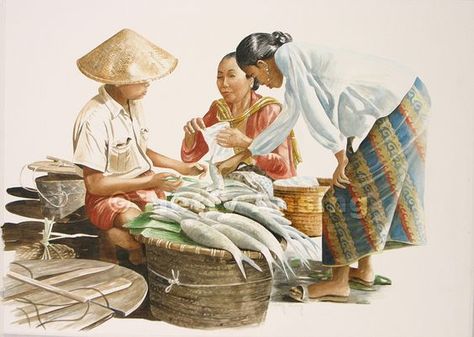 Fish Market Painting, Fish Market Illustration, Fish Market Drawing, Sejarah Asia, Myanmar Art, Singapore Art, Filipino Art, Human Figure Sketches, Drawing Competition