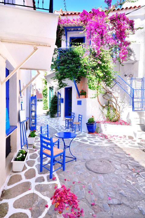 Skiathos is the perfect backdrop for your Greek getaway Skiathos Greece, Blue Chairs, Skiathos, Nature Architecture, Mama Mia, Dream Holiday, Santorini Greece, Greek Island, Paros