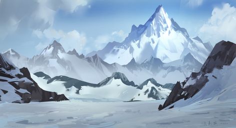 Snow Mountain Concept Art, Snow Mountain Art, Fantasy Snow Mountain, Snow Mountain Drawing, Snowy Mountain Drawing, Snow Mountain Illustration, Snow Mountain Background, Mountain Drawing Simple, Snow Mountain Painting