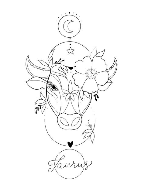 Astrology Art Taurus, Pretty Bull Tattoo, Taurus Arm Tattoo, Taurus Tattoo Stencil, Taurus Bull Tattoos For Women Leg, Taurus Element Tattoo, Taurus And Cancerian Tattoo, Capricorn And Taurus Tattoo Combined, Unique Taurus Tattoo Ideas For Women