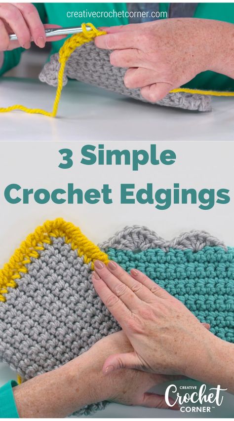 Crochet edgings are a popular way to add something extra special to a project. Crochet edgings for baby blankets and shawls can add unique and delicate details that really turn up the volume on a piece. In this video, Mary Beth Temple explores three simple crochet edgings that you can add to just about any project. She demonstrates a single crochet edging, a crab stitch edging, and a basic shell edging. Finishing Blanket Edges Crochet, Simple Crochet Edging For Baby Blanket, How To Crochet The Edge Of A Blanket, Simple Crochet Edges And Borders, Edging For Crochet Blanket Free Pattern, Border For Single Crochet Blanket, Afghan Edges Crochet, Simple Crochet Edgings And Borders Free Pattern, Crocheting Edging And Borders