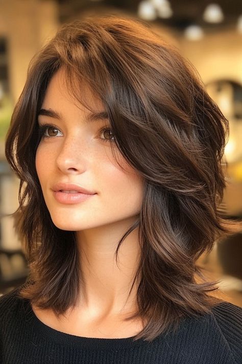 Feathered Layers with a Rich Brunette Glow, medium-length hairstyle with beautiful hair colour Feathered Medium Length Hair, Brown Shoulder Length Hair With Layers, Mid Length Brunette Hair With Layers, Brown Medium Length Hair With Layers, Feather Haircut Medium, Medium Length Choppy Layers, Feather Cut For Medium Hair, Collarbone Length Hair With Layers, Feathered Hairstyles Medium