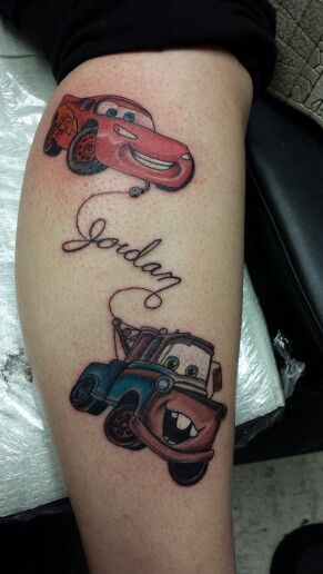 Lightning and Mater. Disney Cars Tattoo Ideas, Lightning Mcqueen Tattoo, Chloe Tattoo, Boy Mom Tattoo, Cartoon Logic, Hook Tattoos, Movie Tattoo, Queen Tattoo, Car Tattoos