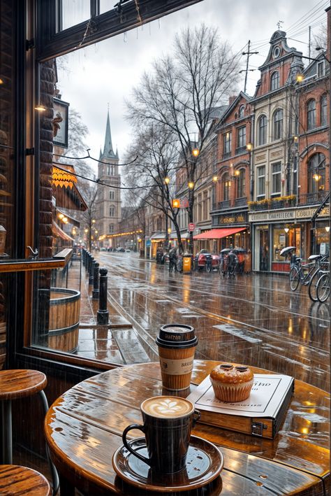 Relax and enjoy the rainy street scene Tea By The Window, Cafe Winter Aesthetic, Coffee Winter Aesthetic, Rainy Fall Aesthetic Wallpaper, Fall Cafe Aesthetic, Winter Cafe Aesthetic, London Fall Aesthetic, Emmacore Aesthetic, Cafe Aesthetic Pictures