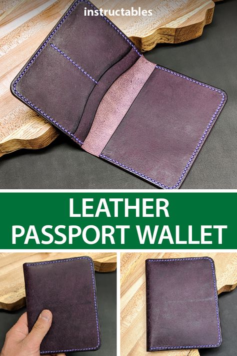 This simple yet practical design for a leather passport wallet provides storage for your passport, two cards, and has an inner pocket for cash, receipts, or anything else you need to carry around. #Instructables #leatherworking #accessory #sewing #fashion Passport Wallet Pattern Free, Passport Holder Diy Sewing, Diy Leather Passport Holder, Diy Passport Holder, Passport Cover Pattern, Passport Holder Pattern, Wallet Pattern Free, Diy Leather Wallet, Leather Wallet Design