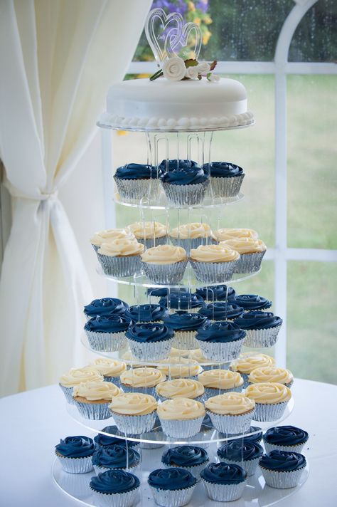 Cupcake with top tier wedding cake, blue and cream. 45th Wedding Anniversary Cake, Small Wedding Cakes With Cupcakes, Top Tier Wedding Cake, Anniversary Cake Ideas, Wedding Cake Blue, 45th Wedding Anniversary, September Sapphire, Wedding Aesthetics, Small Wedding Cakes