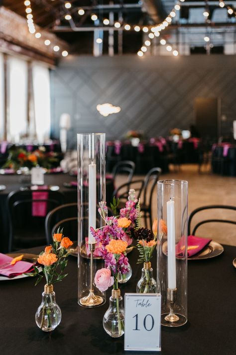 Candlesticks And Bud Vases Wedding, Eclectic Vases Wedding, Bright Bud Vases Wedding, Colorful Bud Vases And Candles, Bud Vases Bright Flowers, Bud Vase Centerpiece, Candlestick Centerpiece, Vase Centerpiece, Tiny Wedding