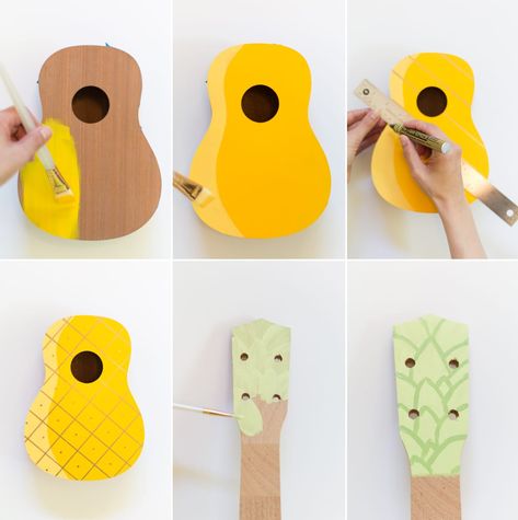 Guitar Deco, Guitar Art Project, Ukulele Diy, Pineapple Ukulele, Painted Pineapple, Painted Ukulele, Ukulele Design, Guitar Crafts, Ukulele Art