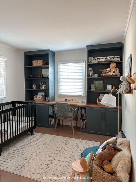 DIY Built In Bookshelves and Desk Part 2 | Love, Grace Bookshelf On Cabinet, Bookshelf Table Combo, Nursery With Built In Bookshelves, Built In Desk On A Budget, Built In Wood Desk, Built In Bookshelves Entryway, Creating Built In Bookcase, Home Office Bookcase Desk, Built Ins Around Small Window