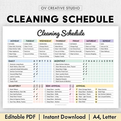 CLEANING SCHEDULE | EDITABLE, PRINTABLE, DIGITAL The cleaning planner helps you to fit in every house chore and organize your home perfectly. The cleaning checklist makes it easier to track your cleaning weekly, monthly, quarterly, semi-annually and annually. The Cleaning planner is printable. The template is easily editable/fillable in Adobe Acrobat Reader. This cleaning checklist template can also be used digitally on any tabs, iPads or mobile phones. Visit my Shop: https://www.etsy.com/uk/sho House Chores List, Adult Chore Chart, Editable Cleaning Schedule, Monthly Cleaning Schedule, Cleaning Checklist Template, Cleaning Schedules, Weekly Schedule Printable, Family Chore Charts, Cleaning Schedule Printable