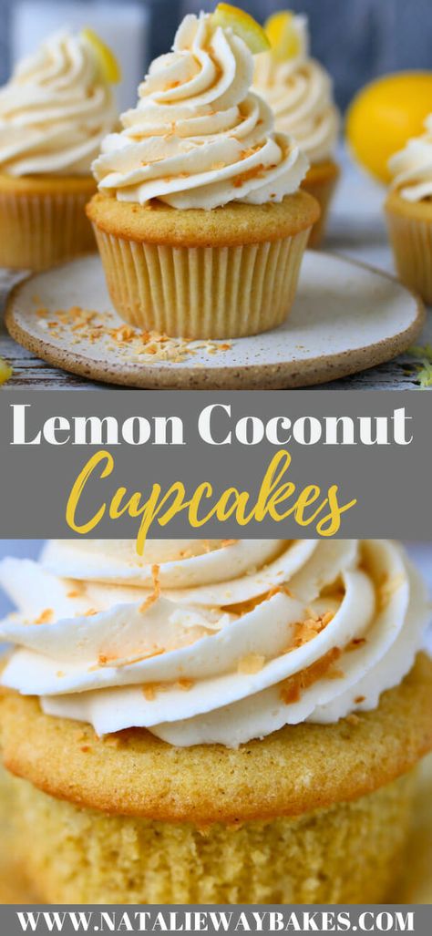 Coconut Lemon Cupcakes Coconut Cupcake Recipes, Coconut Cream Cheese Frosting, Spring Recipes Dessert, Cream Fresh, Lemon Curd Filling, Coconut Frosting, Coconut Cupcakes, Vanilla Buttercream Frosting, Lemon Coconut