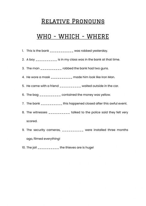 Relative Clauses Worksheets, Relative Pronouns Worksheet, Reflexive Pronouns Worksheet, Pronoun Grammar, Pronouns Exercises, Grammar Work, Pronoun Activities, Esl Materials, Short Vowel Worksheets