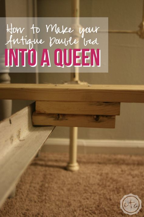 How to Turn Your Antique Double Bed into a Queen - Happily Ever After, Etc. How To Raise A Bed Frame Higher, Repurposing Antiques, Queen Bed Frame Diy, Antique Bed Frame, Antique Iron Beds, Cast Iron Beds, Iron Beds, Antique Bed, Murphy Bed Ikea