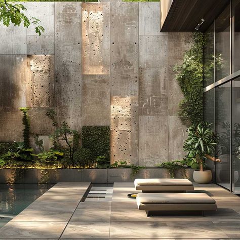 Bold Brutalist Compound Wall Ideas for Architectural Statement • 333+ Art Images Luxury Compound Wall Design, Brutalist Architecture House, Brutalist House Design, Pool Wall Design, Compound Wall Ideas, Moodboard Architecture, Basement Exterior, Brutalist Interior Design, Prison Wall