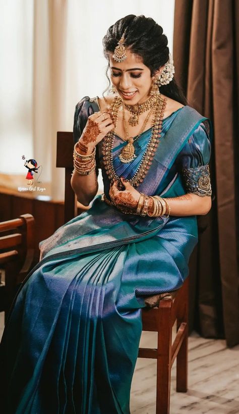 Teal Blue Pattu Saree, Blue South Indian Saree, South Indian Bridesmaids Saree, Half Saree Bridal, Muhurtham Saree South Indian Bride, Telugu Saree, South Indian Bridesmaids, Peacock Blue Saree, Marriage Saree