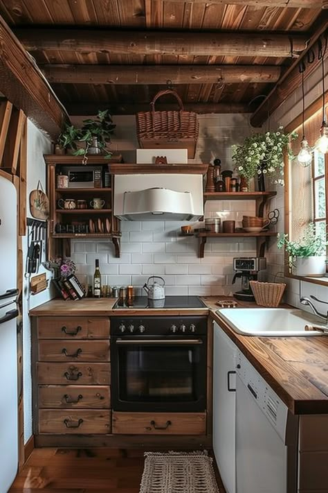 Clever Storage Solutions for Tiny Cottage Kitchens - Quiet Minimal Small Narrow Kitchen Ideas, Tiny Cabin Kitchen, Small Cottage Kitchen Ideas, Tiny Cottage Kitchen, Cottage Kitchen Ideas, Small Cottage Kitchen, Kitchen Layouts, Small Kitchen Layouts, Tiny Cottage