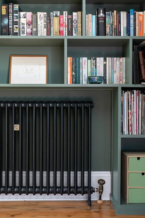 Bookshelves Desk, Wall Radiators, Modern Radiator Cover, House Renovation Design, Old Radiators, Ikea Built In, Skylight Kitchen, Ikea Bookcase, Radiator Heater