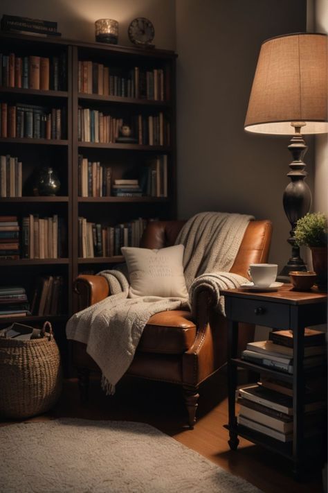 Book Corner In Living Room, Leather Chair Reading Nook, Cozy Corner With Chair, Cozy Music Corner, Cozy Chair In Bedroom, Dark Academia Reading Corner, Bedroom With Reading Chair, Cozy Home Studio, Cozy Chair Aesthetic