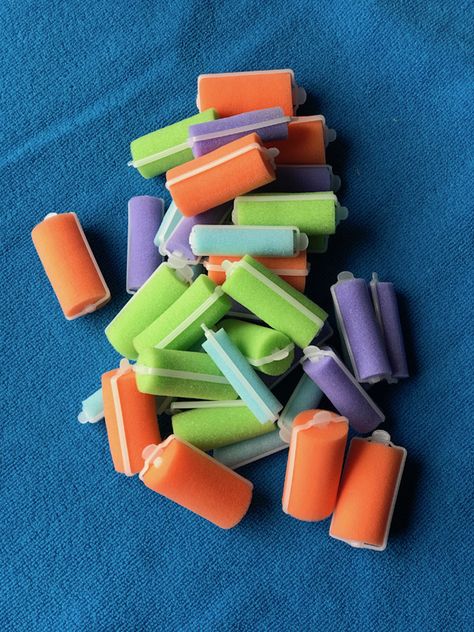 pile of foam rollers in purple, green, orange and blue Foam Hair Curlers, Hair Curlers Overnight, 60’s Hair, Foam Curlers, Bone Straight Hair, 70’s Hair, Foam Rollers Hair, Permanent Waves, Hair Fixing