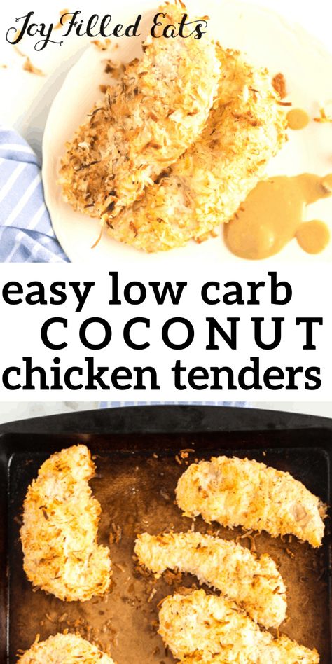 These Coconut Chicken Tenders have a sweet coconut crust baked onto tender chicken. Behold a coconut chicken that is baked in the oven and packed full of vibrant flavors. This coconut crusted chicken with maple mustard dipping sauce is low carb, dairy free, gluten free, grain free and THM S! A new family favorite in the making right here! #lowcarb #lowcarbrecipes #lowcarbdiet #keto #ketorecipes #ketodiet #thm #trimhealthymama #glutenfree #grainfree #glutenfreerecipes #recipes Low Carb Dairy Free, Coconut Chicken Tenders, Coconut Crusted Chicken, Coconut Crust, Mustard Dipping Sauce, Maple Mustard, Baked Chicken Tenders, Low Carb Easy, Joy Filled Eats