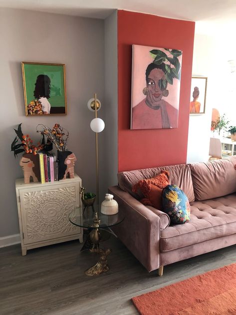 Dated Apartment, Pink Couch Living Room, Small Apartment Tour, Real Apartment, Afro Boho, Warm Paint Colors, Pink Couch, The Color Orange, Babe Cave