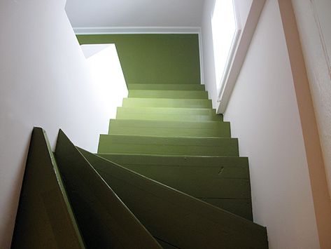 Green Painted Stairs Basement Stairs Remodel, Stairs Colours, Basement Steps, Basement Stairs Ideas, Wrought Iron Stair Railing, Rustic Stairs, Iron Stair Railing, Wrought Iron Stairs, Staircase Makeover