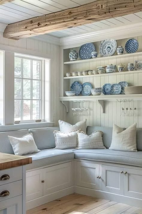 Cape Cod House Kitchen, 2024 Color Palette, Cozy Kitchen Nook, French Country Ideas, Muebles Shabby Chic, Coastal Cottage Decorating, Nook Table, Cozy Breakfast Nook, Rv Kitchen