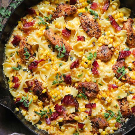 Creamy Chicken and Corn Pasta with Bacon Recipe - Cheff Recipes Bacon Corn Pasta, Creamy Chicken And Corn Pasta With Bacon, Bacon Recipes For Dinner, Pasta With Bacon, Chicken And Corn, Chicken Bacon Pasta, Corn Pasta, Corn Chicken, Creamy Chicken Pasta