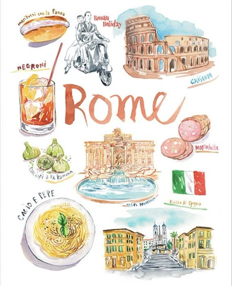 School In Paris, Illustration Scene, Italy Illustration, Artistic Landscape, Rome Art, Vibrant Food, Travel Art Journal, Italian Culture, Negroni