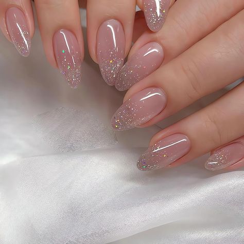 Cute Nail Designs For Weddings, Chrome On Glitter Nails, Pretty Nails Flowers, Subtle Glitter Ombre Nails, Gradient Nails Design, Gel Nails Iridescent, Pink Frosty Nails, Purple And Golden Nails, Light Pink Nails With Glitter Design