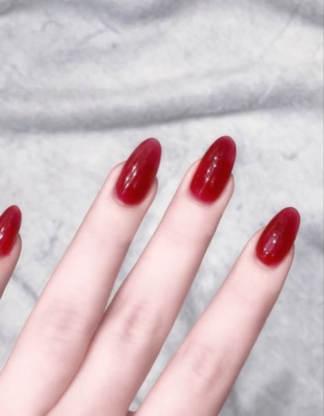 Red Jelly Nails Aesthetic, Jelly Red Nails Short, Dark Red Jelly Nails Korean, Red Jelly Nails Short, Strawberry Jelly Nails, Red Nails Jelly, Red Jelly Nails Acrylic, Jelly Color Nails, Blood Orange Nails