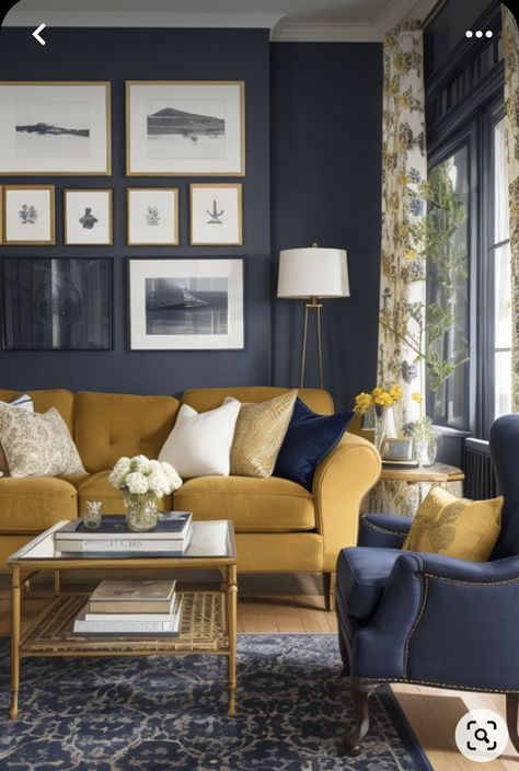 Dark Teal Furniture, Living Room Yellow Couch, Blue Gold Living Room, Navy Walls Living Room, Snug Ideas, Mustard Living Rooms, Blue And Yellow Living Room, Teal Furniture, Living Room Yellow