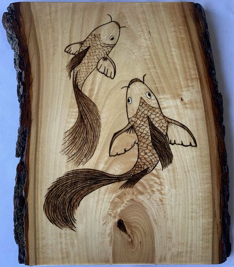 Koi Fish Wood Carving, Fish Wood Burning, Japanese Wood Burning, Fish Ying Yang, Fish Wood Carving, Fractal Wood, Burn Wood, Pyrography Ideas, Butterfly Koi