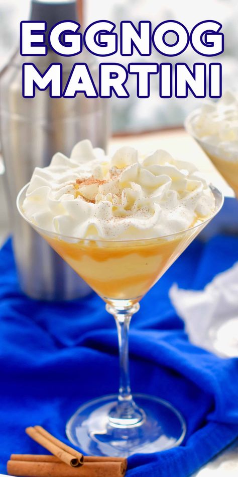 Eggnog Martini - Simple Joy Eggnog Martini Recipe, Eggnog Martini, Eggnog Drinks, Cinnamon Simple Syrup, Christmas Martini, Spiked Eggnog, Caramel Vodka, Martinis Drinks, Specialty Drinks