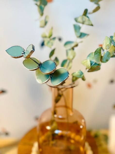 Baby Blue Eucalyptus Stem Stained Glass Centerpieces, Stained Glass Bathroom, Stained Glass Plants, Stained Glass Bouquet, Stained Glass Eucalyptus, Stained Glass Sculpture, Stained Glass Flowers 3d, Baby Blue Eucalyptus, Stained Glass Flowers Artful Home