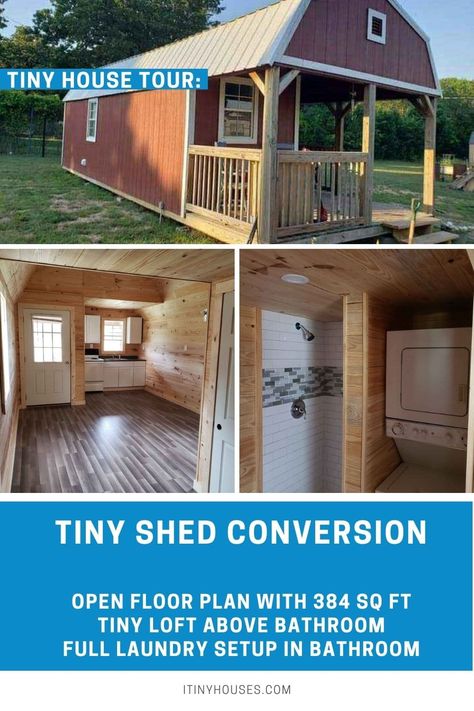 This tiny converted shed with an adorable porch is the perfect minimalist cabin tiny home for anyone looking to downsize in comfort! A tiny home for sale in Texas, this is a great choice to begin your new minimliast lifestyle. Portable Building Tiny House, 2 Room Tiny House, Tiny Home Out Of Shed, Tiny Homes On A Budget, Sheds Converted To Tiny Homes, Tiny House Made From Shed, Converted Shed Ideas, Tiny Home From Storage Shed, Tiny Homes Shed