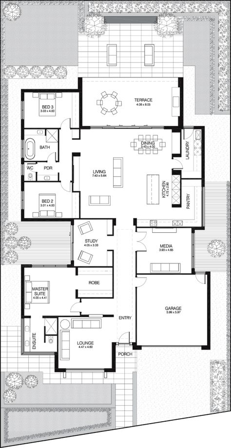 California House - Lares Homes Long House Design Floor Plans, California House Plans, Long House Plans, Single Storey Modern House, Australian House Plans, House Plans Australia, Single Storey House Plans, Three Bedroom House Plan, Ryan Homes